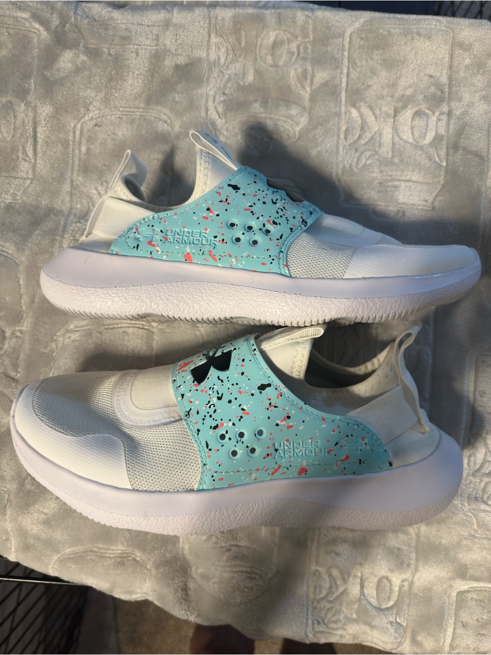 Under Armour Runplay Paint White and Aqua Speckle Slip-On Athletic Sneakers - Picture 2 of 3
